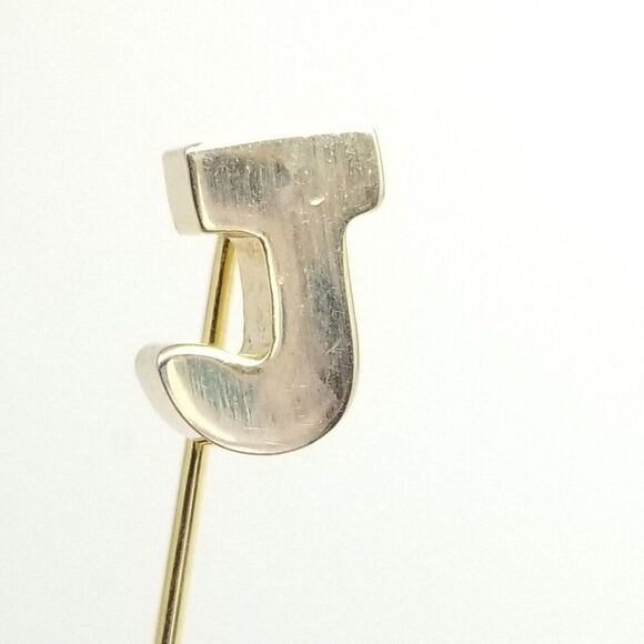 Vintage Letter J Monogram Stick Pin, Gold Tone Initial Brooch, Unisex Estate - Picture 2 of 7